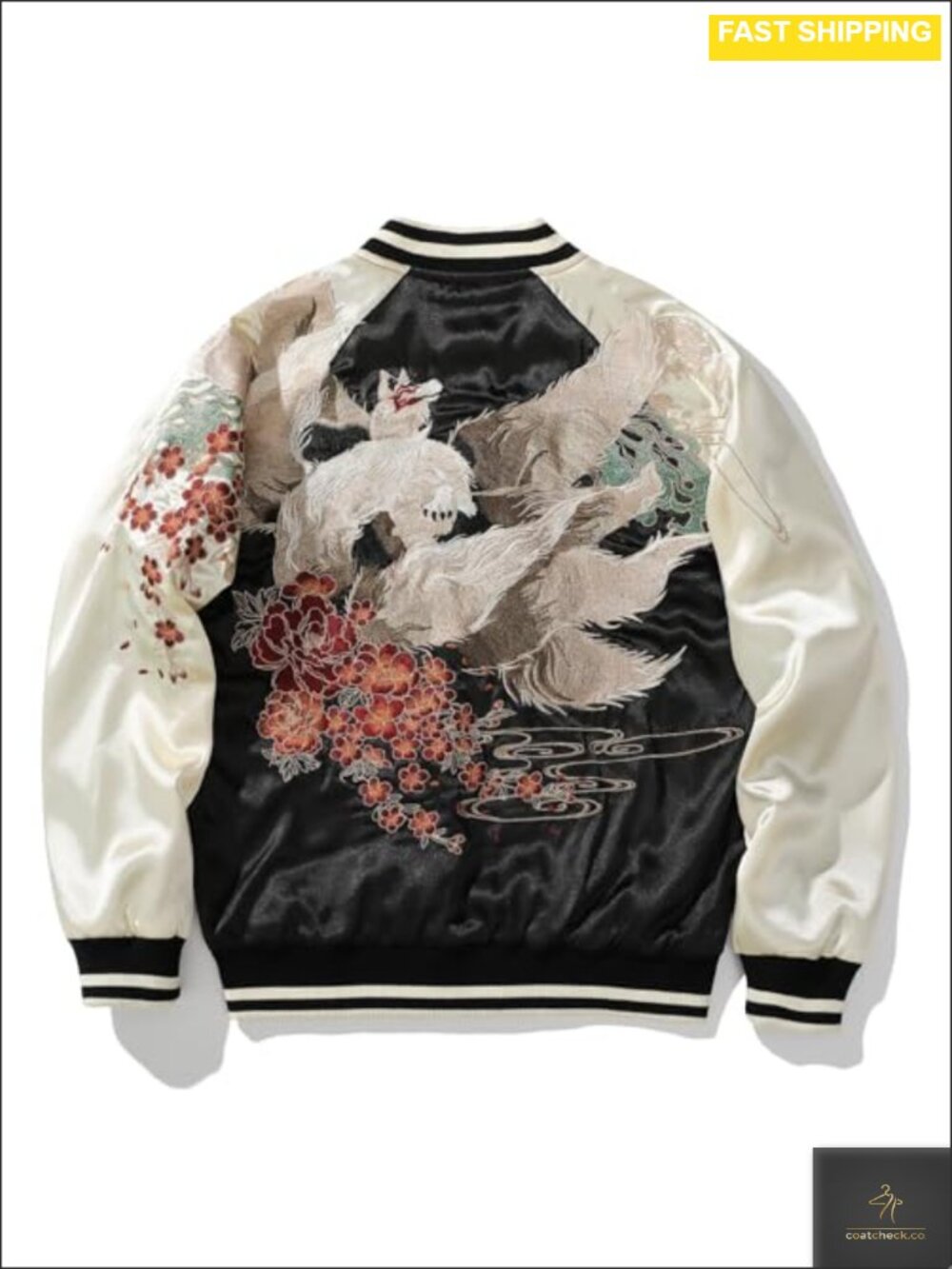 Nine-Tailed Fox Embroidery Men Bomber Jacket Satin Vintage Streetwear Hip Hop
